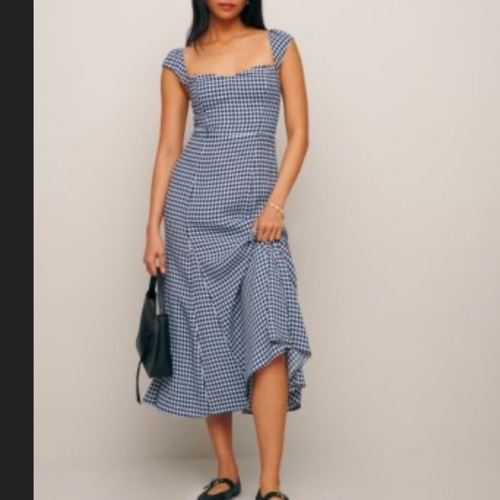 NWOT Reformation Bryson Midi Dress in Madison Navy Gingham Check